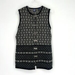 VTG Gap Sweater Vest Womens M Wool Boho Cottage‎ 90s Tunic Floral Black White